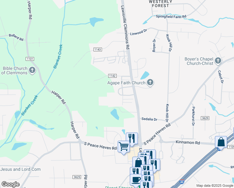 map of restaurants, bars, coffee shops, grocery stores, and more near 2140 Weststone Road in Clemmons