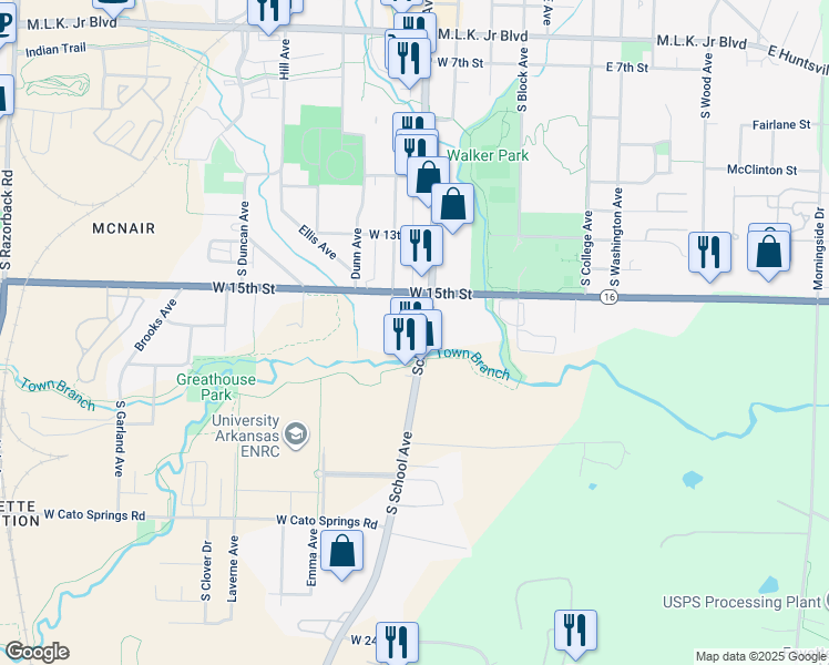 map of restaurants, bars, coffee shops, grocery stores, and more near 1525 S School Ave in Fayetteville