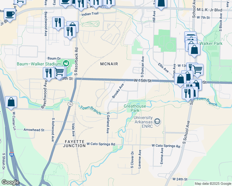map of restaurants, bars, coffee shops, grocery stores, and more near 1667 Brooks Avenue in Fayetteville