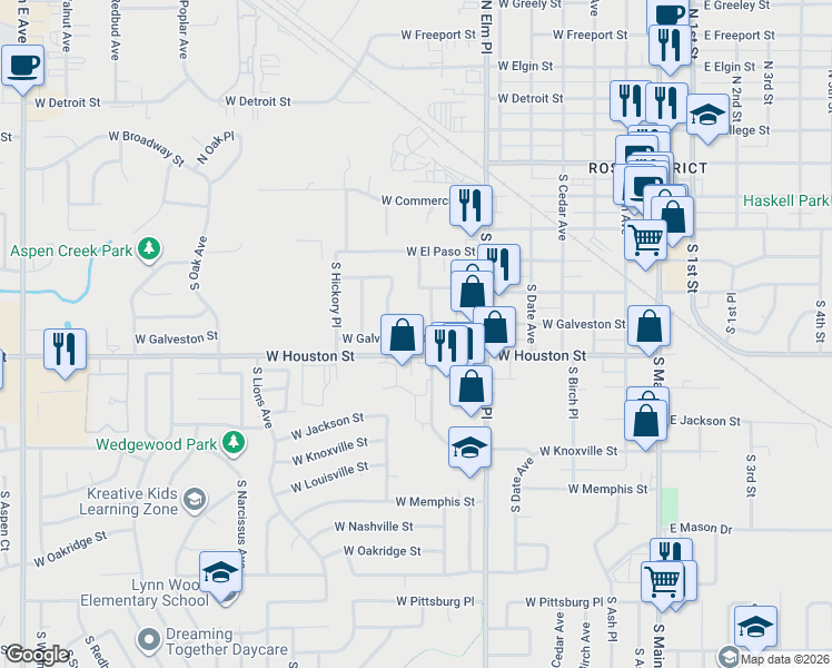 map of restaurants, bars, coffee shops, grocery stores, and more near 806 West Houston Street in Broken Arrow
