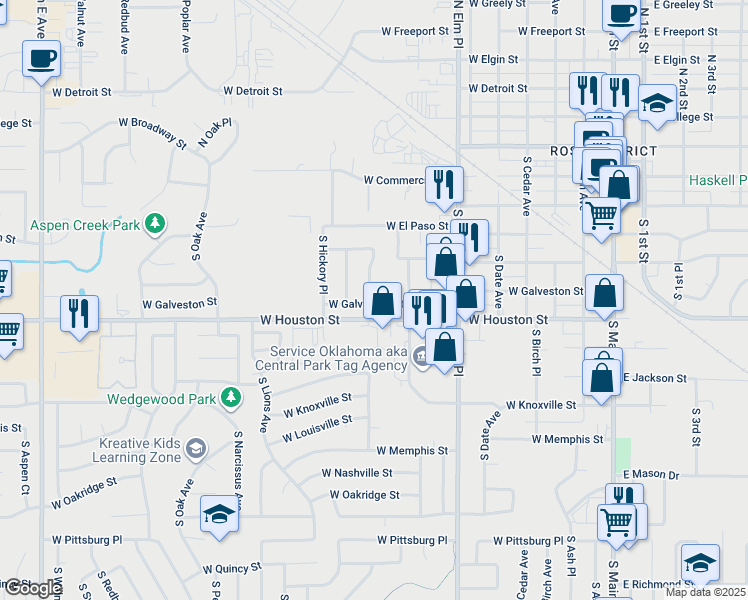 map of restaurants, bars, coffee shops, grocery stores, and more near 806 West Houston Street in Broken Arrow