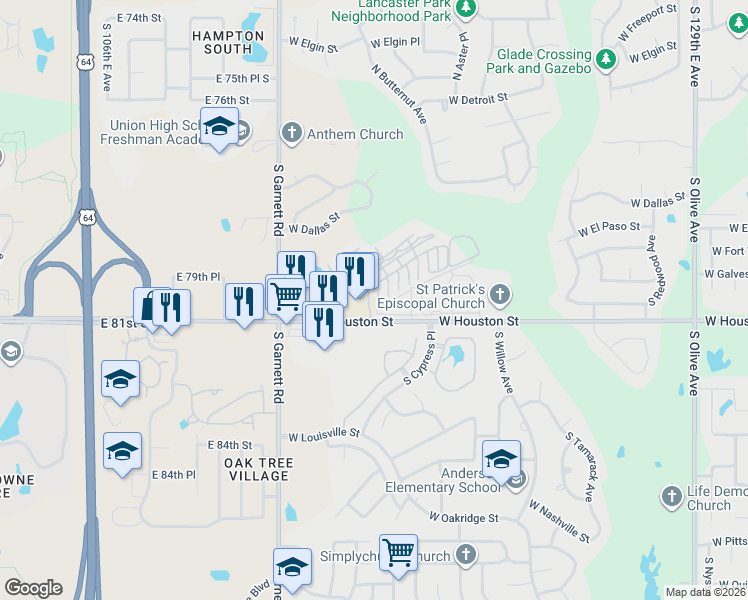 map of restaurants, bars, coffee shops, grocery stores, and more near 4500 West Houston Street in Broken Arrow