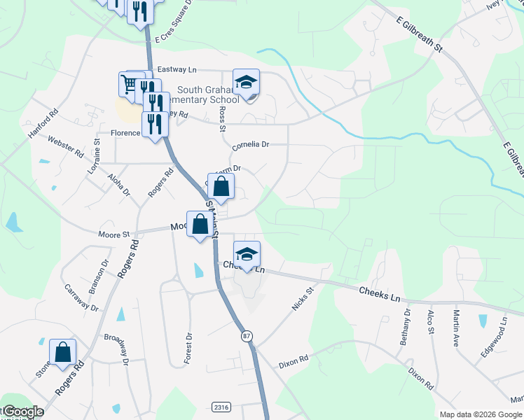 map of restaurants, bars, coffee shops, grocery stores, and more near 146 Andrews Avenue in Graham