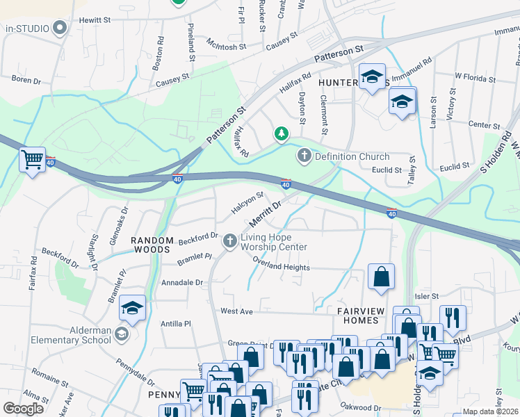 map of restaurants, bars, coffee shops, grocery stores, and more near 1858 Merritt Drive in Greensboro