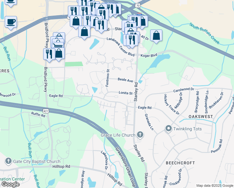 map of restaurants, bars, coffee shops, grocery stores, and more near 120 Bridford Downs Drive in Greensboro