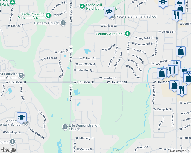 map of restaurants, bars, coffee shops, grocery stores, and more near 3209 West Houston Place in Broken Arrow