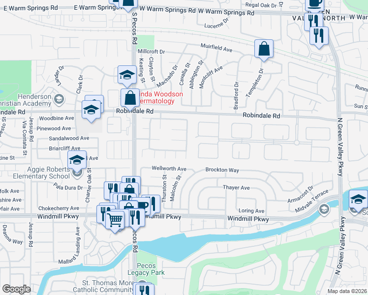 map of restaurants, bars, coffee shops, grocery stores, and more near 2502 Mesa Verde Terrace in Henderson