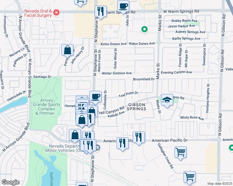 map of restaurants, bars, coffee shops, grocery stores, and more near 255 Newelton Court in Henderson