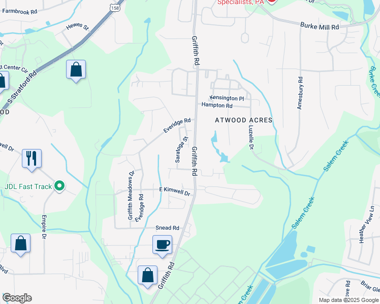 map of restaurants, bars, coffee shops, grocery stores, and more near 2576 Griffith Road in Winston-Salem