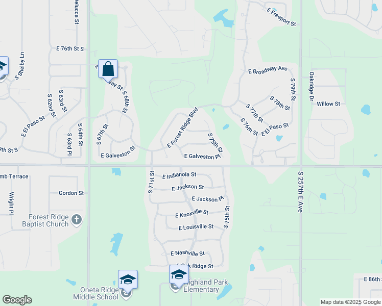 map of restaurants, bars, coffee shops, grocery stores, and more near 7412 East Galveston Place in Broken Arrow