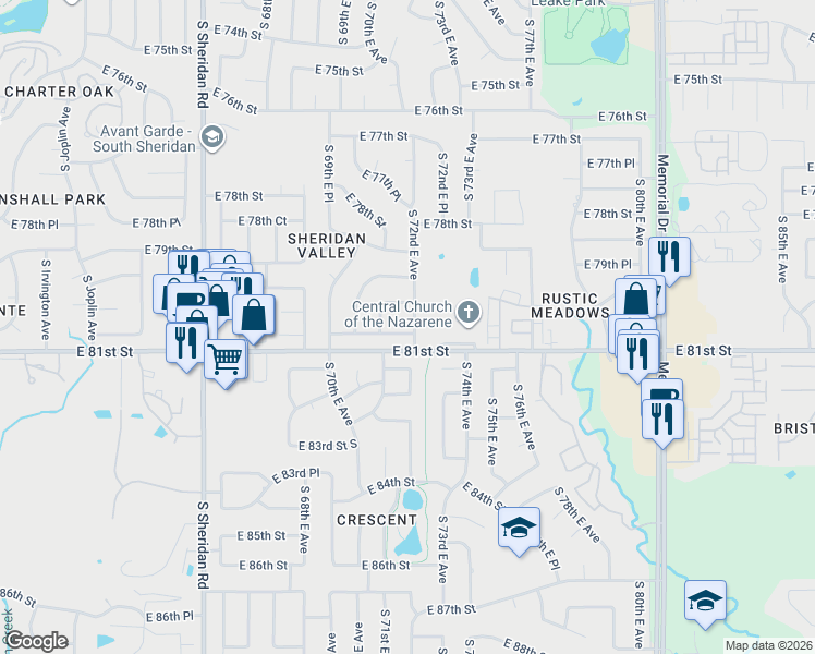 map of restaurants, bars, coffee shops, grocery stores, and more near 7122 East 80th Street in Tulsa