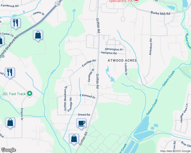 map of restaurants, bars, coffee shops, grocery stores, and more near 2576 Griffith Road in Winston-Salem