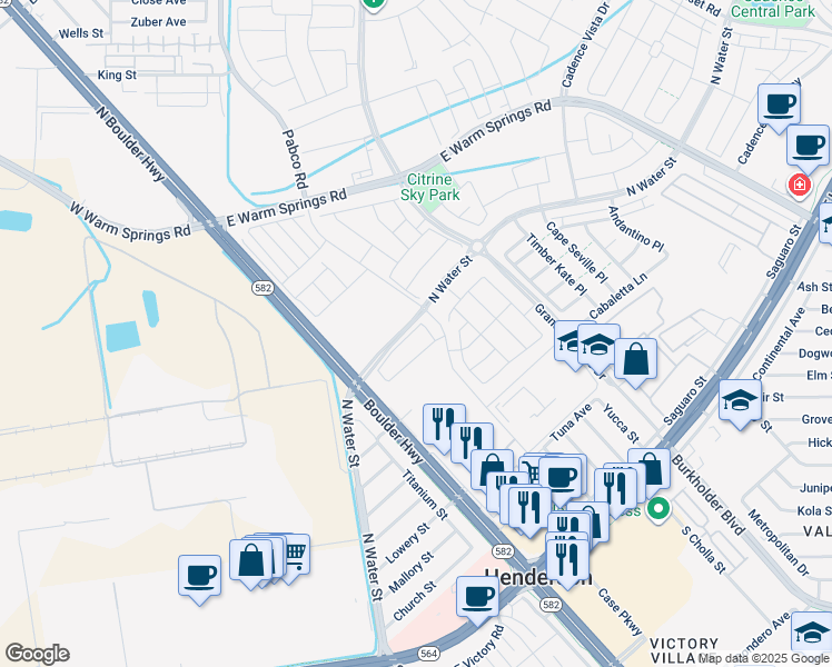 map of restaurants, bars, coffee shops, grocery stores, and more near 276 Sunlit Meadow Lane in Henderson