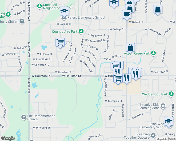 map of restaurants, bars, coffee shops, grocery stores, and more near 2629 West Houston Place in Broken Arrow