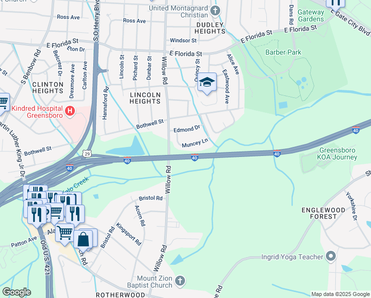map of restaurants, bars, coffee shops, grocery stores, and more near 1839 Muncey Lane in Greensboro
