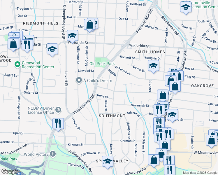 map of restaurants, bars, coffee shops, grocery stores, and more near 803 Garrett Street in Greensboro