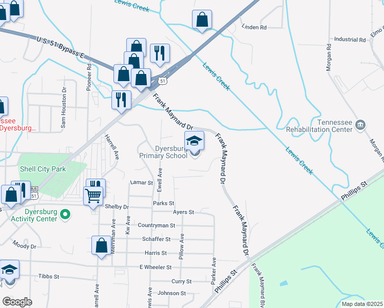 map of restaurants, bars, coffee shops, grocery stores, and more near 1425 Frank Maynard Drive in Dyersburg