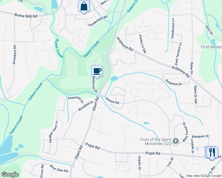 map of restaurants, bars, coffee shops, grocery stores, and more near 2672 Windy Crossing in Winston-Salem