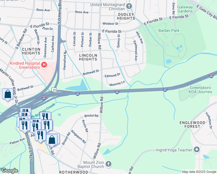 map of restaurants, bars, coffee shops, grocery stores, and more near 1839 Muncey Lane in Greensboro