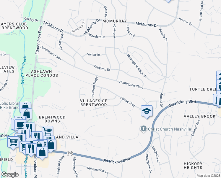 map of restaurants, bars, coffee shops, grocery stores, and more near 209 Village Place in Nashville