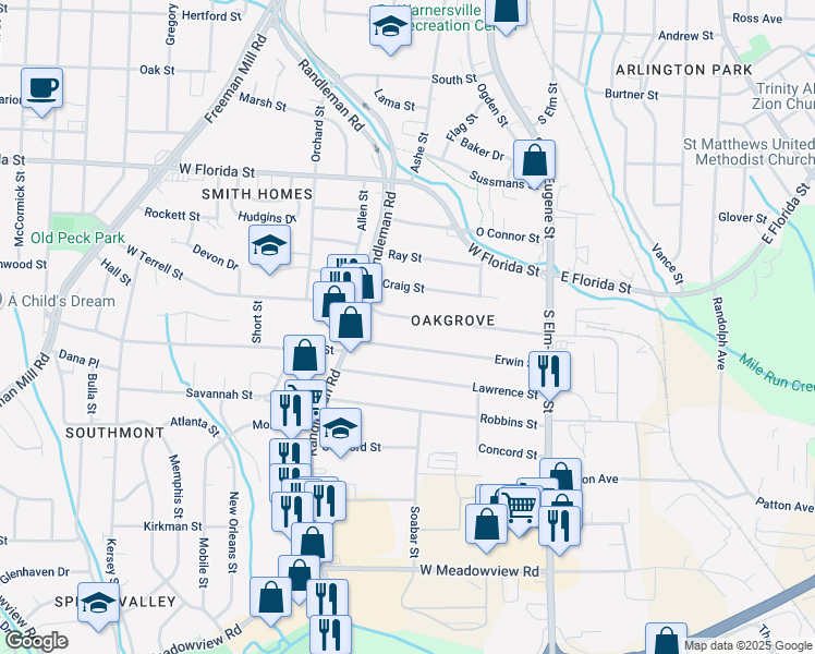 map of restaurants, bars, coffee shops, grocery stores, and more near 305 Erwin Street in Greensboro