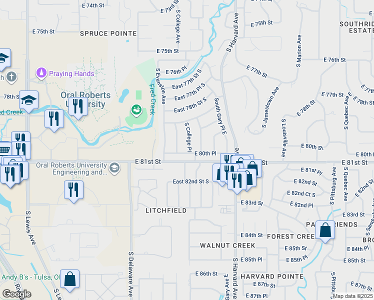 map of restaurants, bars, coffee shops, grocery stores, and more near 3019 East 80th Place in Tulsa