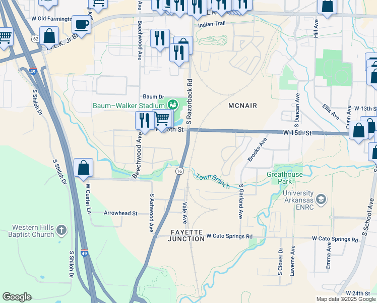 map of restaurants, bars, coffee shops, grocery stores, and more near 1500-1674 South Razorback Road in Fayetteville