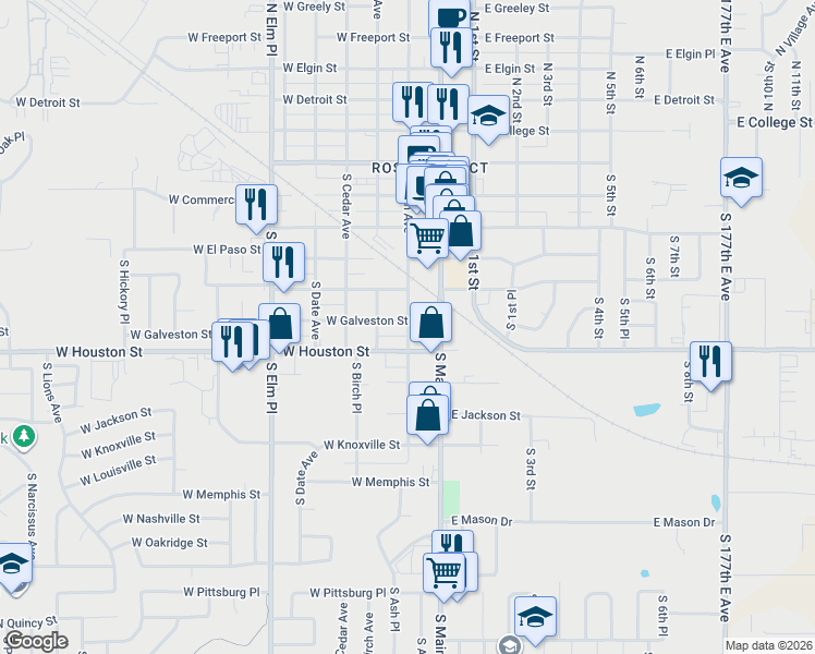 map of restaurants, bars, coffee shops, grocery stores, and more near 114 West Houston Street in Broken Arrow