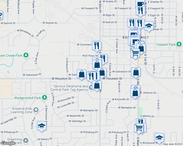 map of restaurants, bars, coffee shops, grocery stores, and more near 452 South Elm Court in Broken Arrow