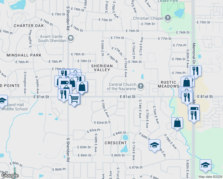 map of restaurants, bars, coffee shops, grocery stores, and more near 7030 East 80th Street in Tulsa