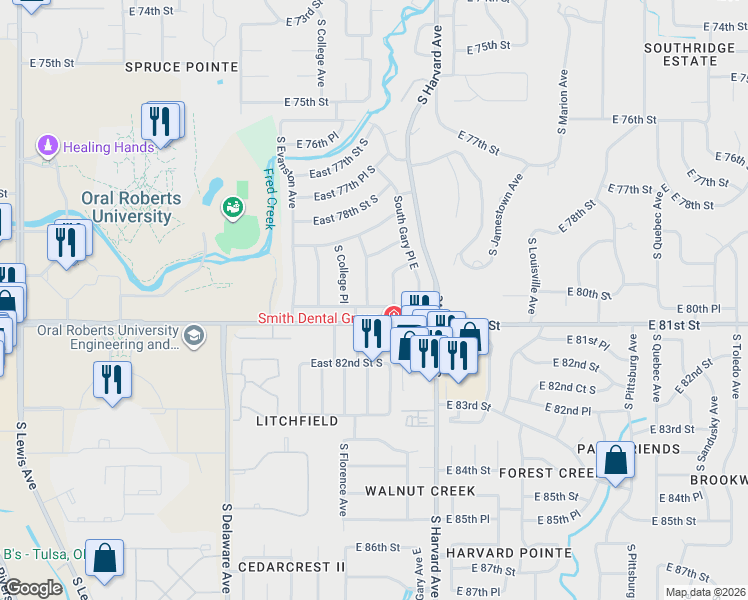 map of restaurants, bars, coffee shops, grocery stores, and more near 3044 East 80th Place in Tulsa