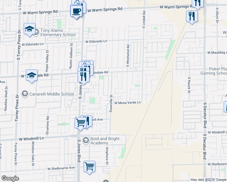 map of restaurants, bars, coffee shops, grocery stores, and more near 7821 Tomsburgh Lane in Las Vegas