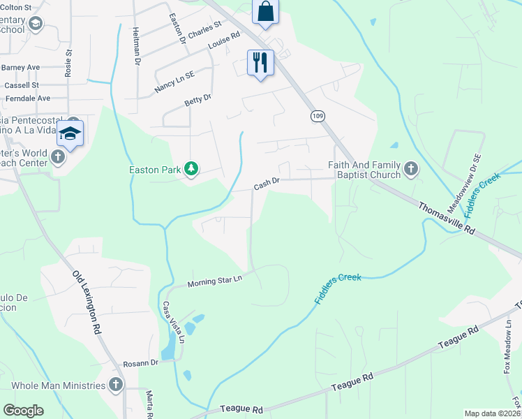 map of restaurants, bars, coffee shops, grocery stores, and more near 3805 Cash Drive in Winston-Salem