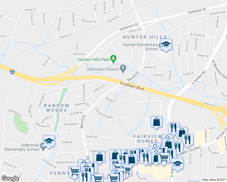 map of restaurants, bars, coffee shops, grocery stores, and more near 1831 Merritt Drive in Greensboro