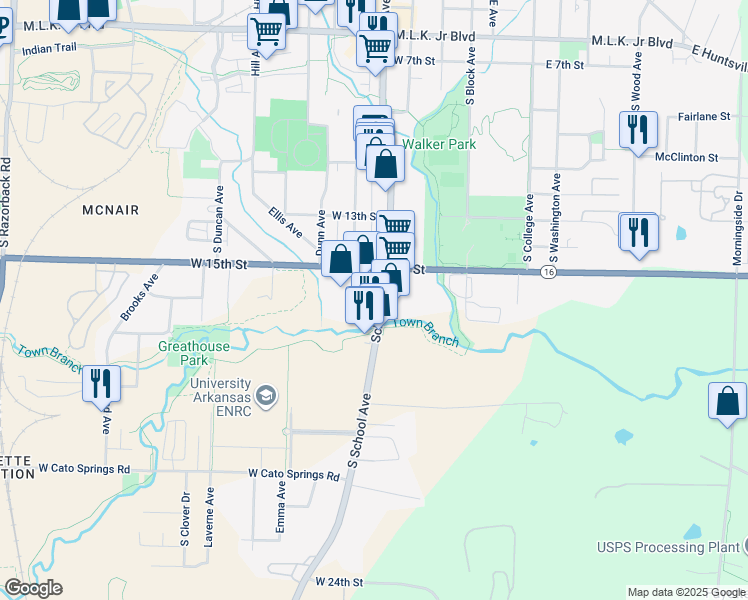 map of restaurants, bars, coffee shops, grocery stores, and more near 1525 South School Avenue in Fayetteville