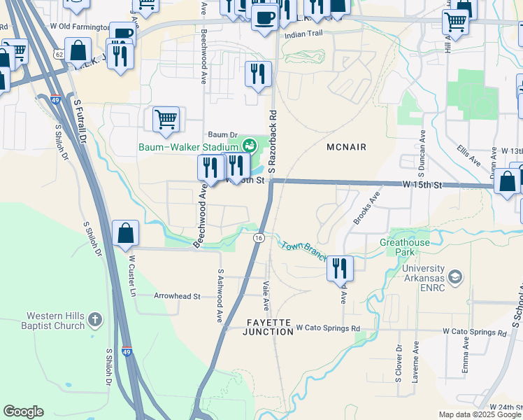map of restaurants, bars, coffee shops, grocery stores, and more near 1629 South Razorback Road in Fayetteville