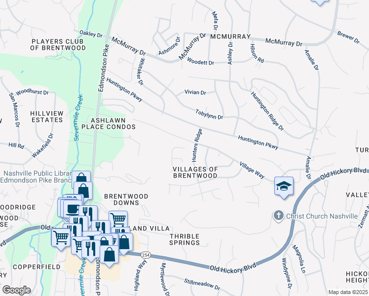 map of restaurants, bars, coffee shops, grocery stores, and more near 6900 Village Trace in Nashville