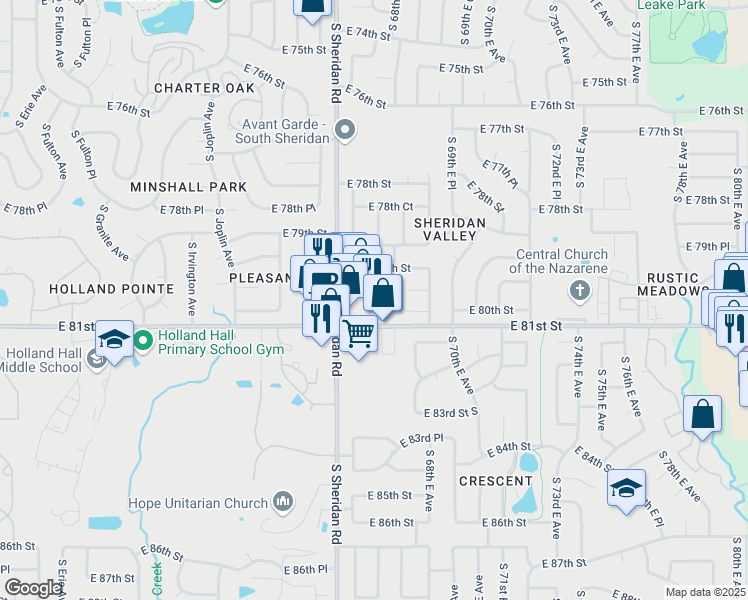 map of restaurants, bars, coffee shops, grocery stores, and more near 6703 East 81st Street in Tulsa