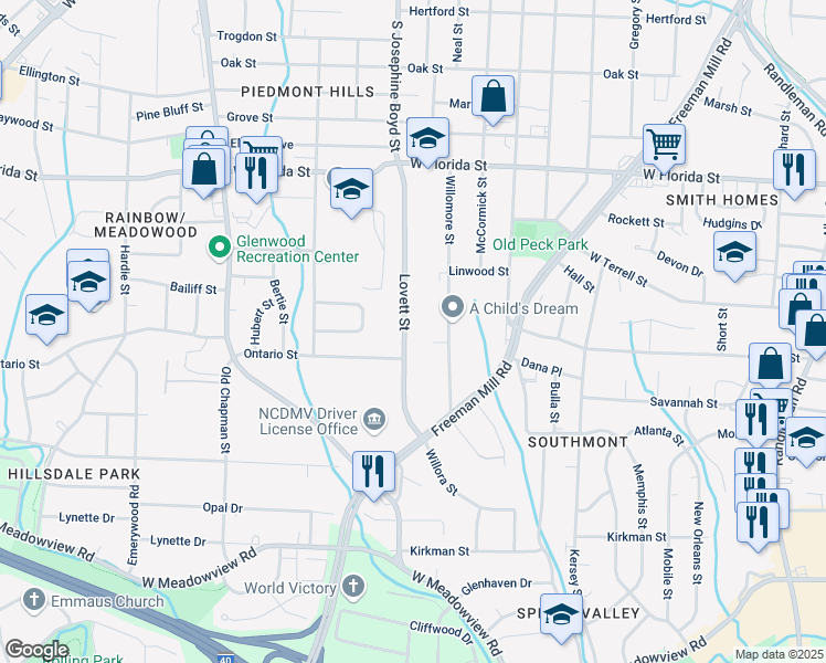map of restaurants, bars, coffee shops, grocery stores, and more near 1571 Lovett Street in Greensboro