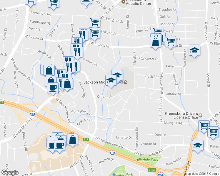 map of restaurants, bars, coffee shops, grocery stores, and more near 2306 Ontario Street in Greensboro