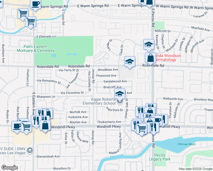 map of restaurants, bars, coffee shops, grocery stores, and more near 2736 Sandalwood Avenue in Henderson