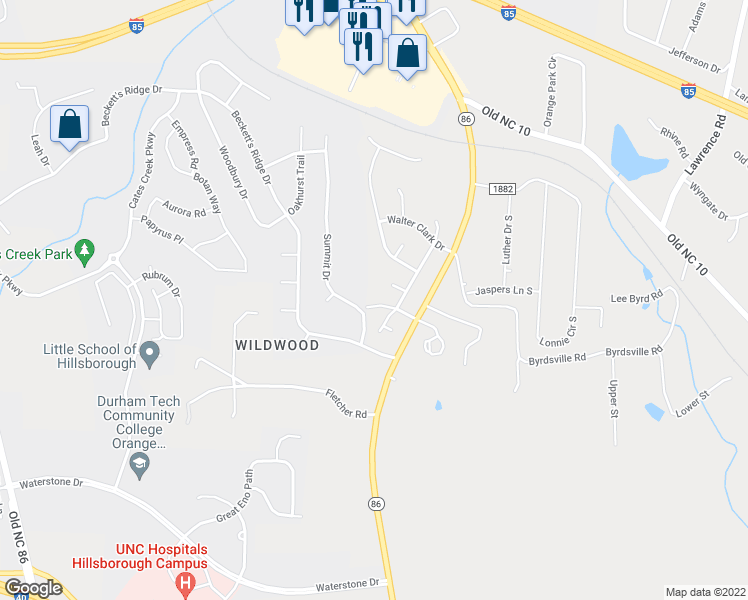 map of restaurants, bars, coffee shops, grocery stores, and more near 1106 John Breckenridge Drive in Hillsborough