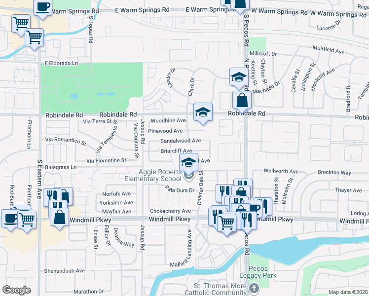 map of restaurants, bars, coffee shops, grocery stores, and more near 2722 Sandalwood Avenue in Henderson