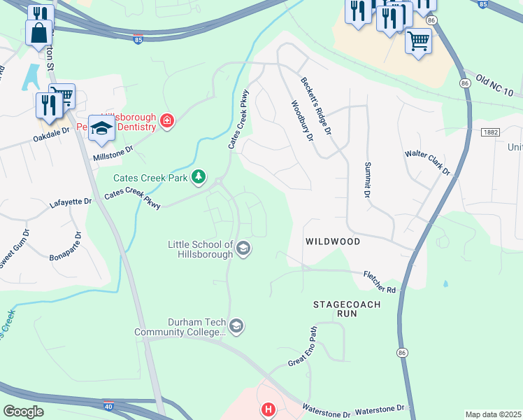 map of restaurants, bars, coffee shops, grocery stores, and more near 230 Rubrum Drive in Hillsborough