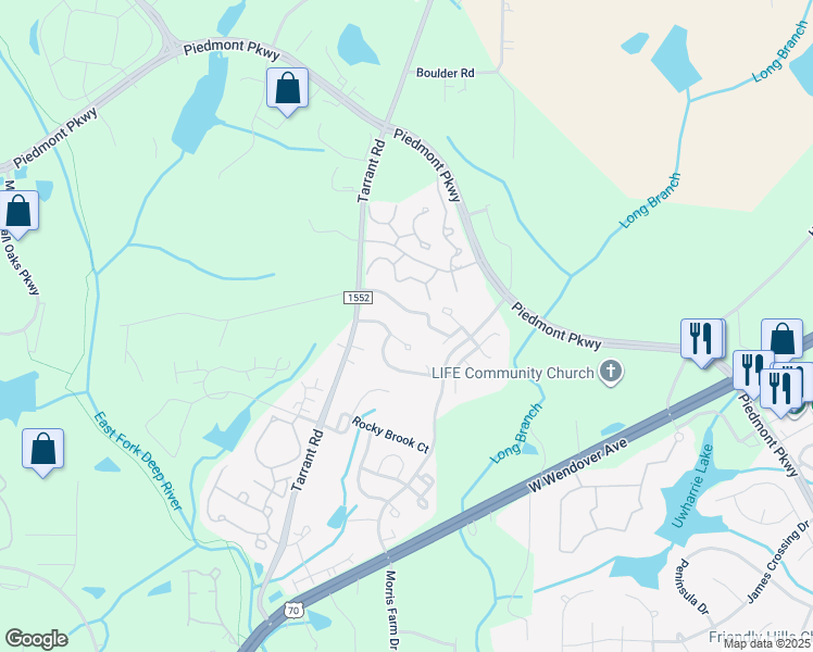 map of restaurants, bars, coffee shops, grocery stores, and more near 4450 Piedmont Trace Drive in Greensboro