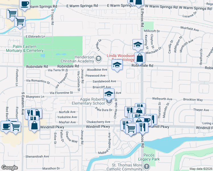 map of restaurants, bars, coffee shops, grocery stores, and more near 2722 Briarcliff Avenue in Henderson