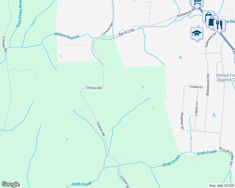 map of restaurants, bars, coffee shops, grocery stores, and more near 1075 Cowan Road in Dickson
