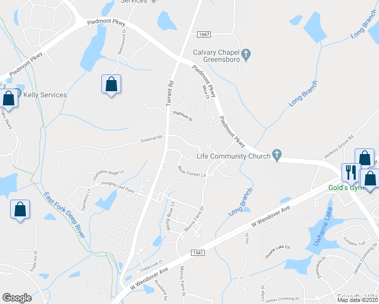 map of restaurants, bars, coffee shops, grocery stores, and more near 4450 Piedmont Trace Drive in Greensboro