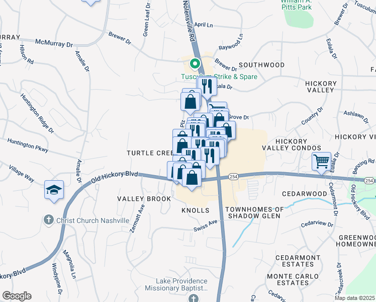 map of restaurants, bars, coffee shops, grocery stores, and more near 5653 Hickory Plaza Drive in Nashville
