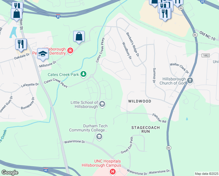 map of restaurants, bars, coffee shops, grocery stores, and more near 230 Rubrum Drive in Hillsborough